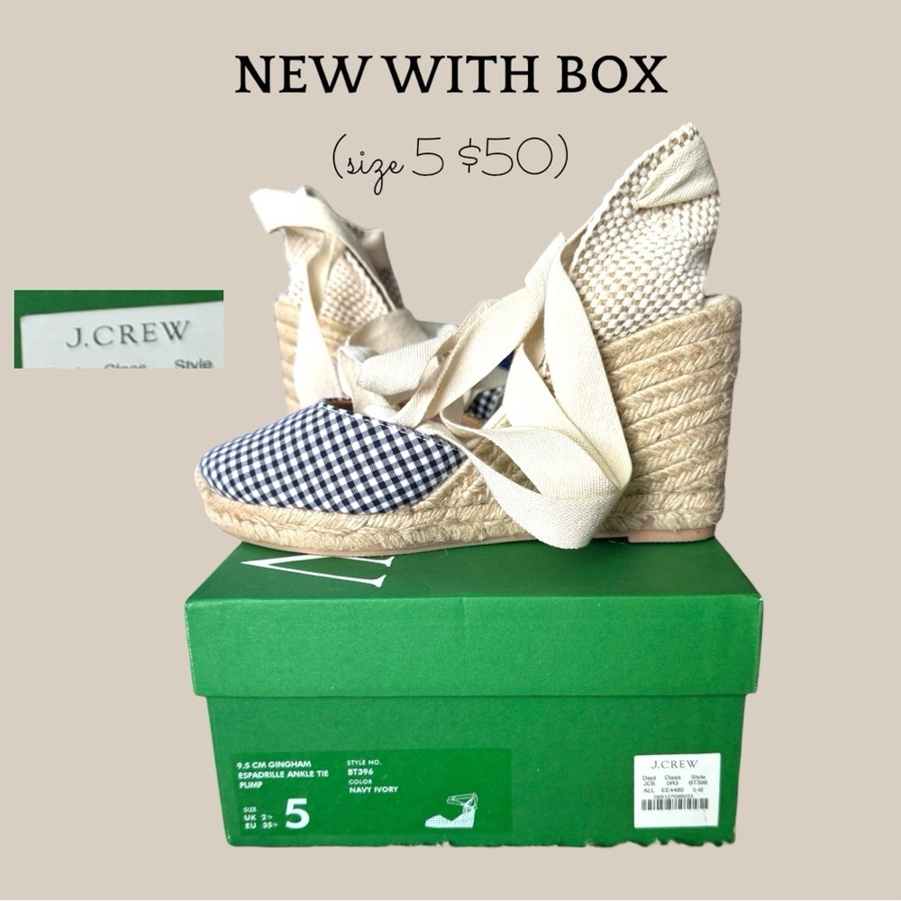 J. Crew Navy Gingham Espadrille Wedge with Ivory Ankle Ties NWT